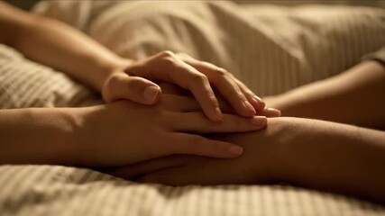 Close-up of two people holding hands in a warm, intimate bedroom setting, conveying comfort and connection