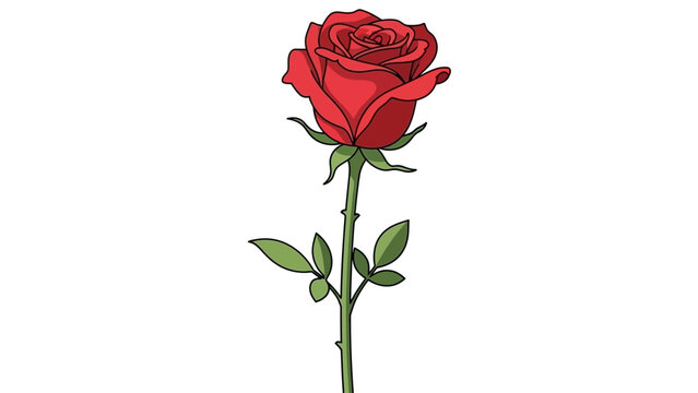 Beautiful single red rose with green leaves and stem, a symbol of love and passion.