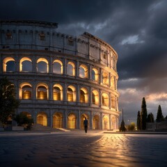 Fototapeta premium Majestic Roman Colosseum at Dusk with Vibrant Lighting and Dramatic Sky