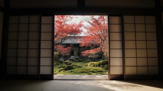 古寺の縁側から眺める絵画のような紅葉庭園の映像