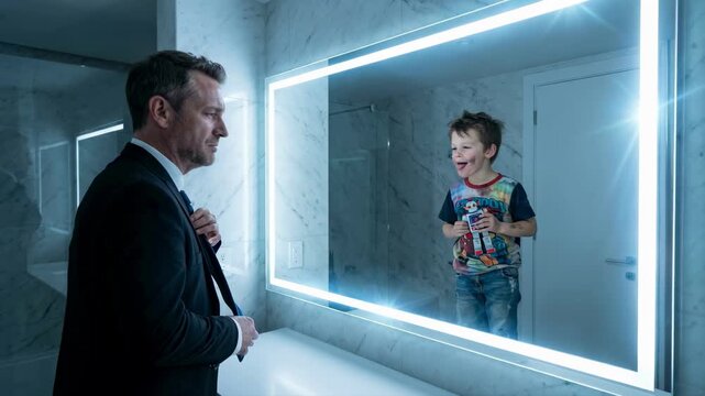 Businessman looking in mirror seeing his inner child as a playful boy. Man in suit adjusting tie while reflection shows kid with toy robot. Nostalgia and growing up concept