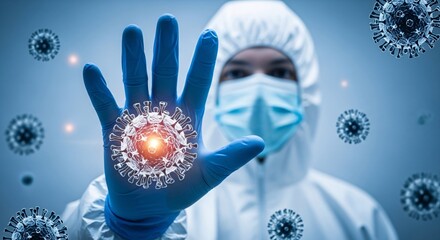 Medical professional in protective gear holding a digital virus model representing infection control and healthcare safety measures in a clinical setting