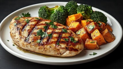 Appetizing grilled chicken breast with charred grill marks, roasted sweet potato cubes, steamed broccoli and parsley garnish on a white plate, wholesome and savory