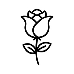 Simple line drawing of a rose with leaves on a white background  