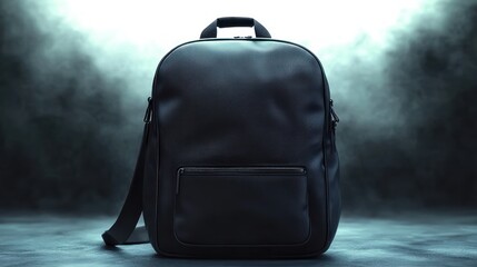 sleek black backpack with front zip pocket, single shoulder strap and top handle set against a dramatic smoky spotlight background conveying mystery and sophistication