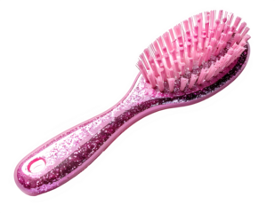 Pink hairbrush with soft bristles for styling.