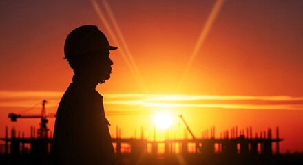 Fototapeta premium Construction Worker Silhouette at Sunset Over Construction Site with Safety Helmet and Industrial Background for Engineering and Building Projects