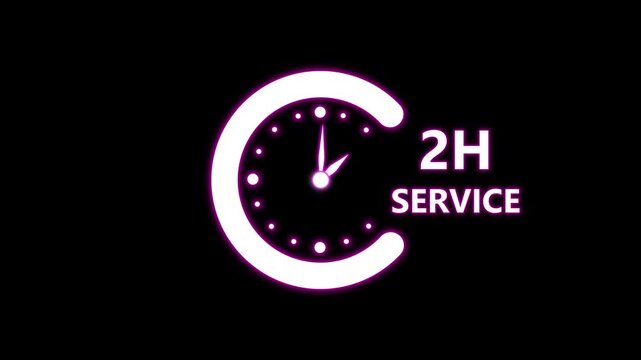 Glowing neon 2 hours service clock icon. Online customer care, live chat support, and real-time customer assistance to ensure complete customer satisfaction. Technology map and dark background 4K.