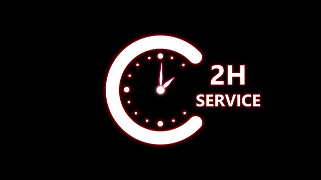 Glowing neon 2 hours service clock icon. Online customer care, live chat support, and real-time customer assistance to ensure complete customer satisfaction. Technology map and dark background 4K.