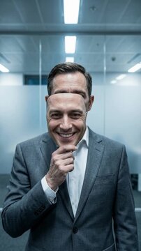 Vertical video of a businessman hiding his sad face behind a smiling mask. Man in a suit revealing true unhappy emotions in an office. Corporate burnout and mental health concept
