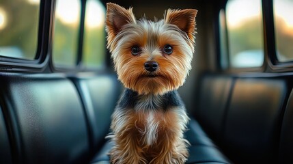 Small long-haired dog sitting on a leather car backseat with upright ears, looking attentive and curious in warm late afternoon window light