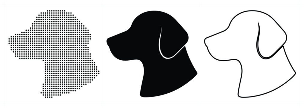 Diverse representations of a dog's profile: pixelated, solid silhouette, and outline