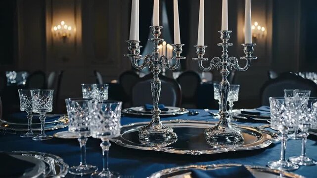 Elegant Table Setting With Silver Candlesticks And Crystal Glasses For A Festive Celebration
