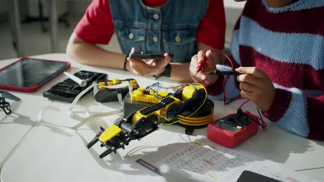 High school students working on robotics project. Girls in STEM.