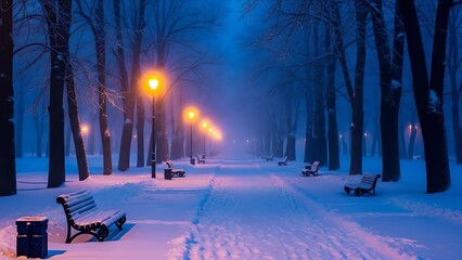Snowy park pathway illuminated by warm streetlights on a foggy winter evening