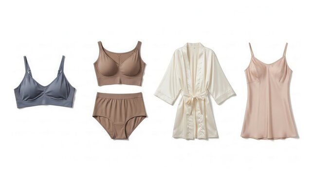 Lingerie set against white background comfortable underwear sleepwear flat lay minimalist