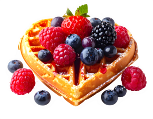 Heart Shaped Waffle Topped with Mixed Berries.