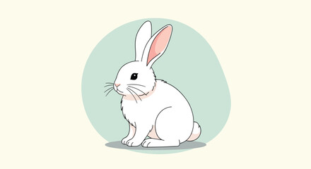 Fototapeta premium Beautiful illustration of a fluffy white rabbit sitting against a soft green circular background, in a simple and gentle style.