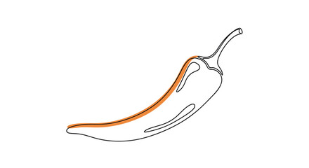 Hot chili pepper drawn in a minimalist continuous one-line art style with a bold orange accent line on white background.