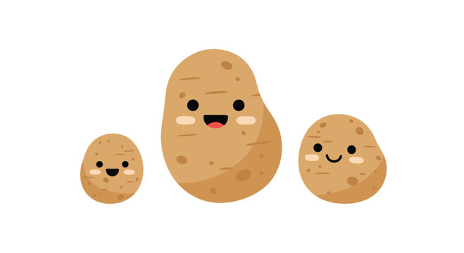 Adorable kawaii cartoon potato family with cute smiling faces, featuring one large and two small potatoes on a white background.