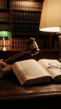 Vertical video of a judge striking a gavel for a final verdict. Hand using a wooden hammer on a desk with an open book and glasses in a law library. Legal justice concept