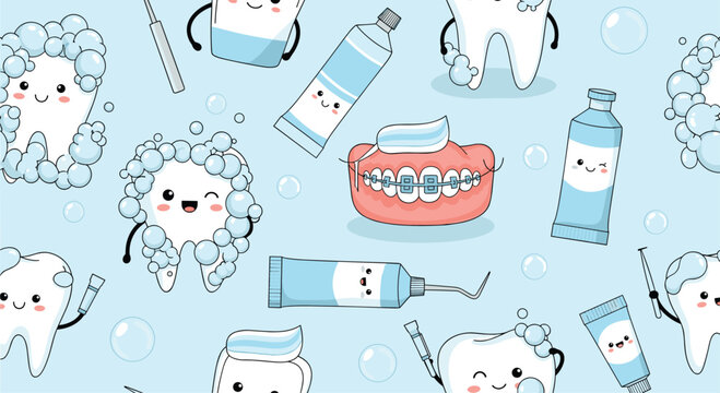 Seamless pattern for dental care with cute kawaii characters of teeth, toothpaste, and braces on a light blue background with bubbles.