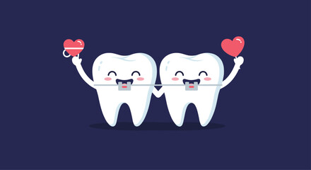 Cute cartoon teeth characters with braces holding hands and red hearts, representing love and orthodontic dental care concepts.