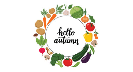 Hello Autumn lettering inside a circular wreath made of colorful cartoon vegetables, celebrating the fall harvest season design.