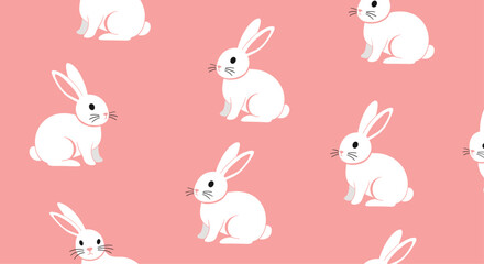 Obraz premium Seamless pattern with cute white cartoon rabbits sitting on a solid pink background, a sweet design for Easter or a nursery.