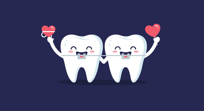 Cute cartoon teeth characters with braces holding hands and red hearts, representing love and orthodontic dental care concepts.
