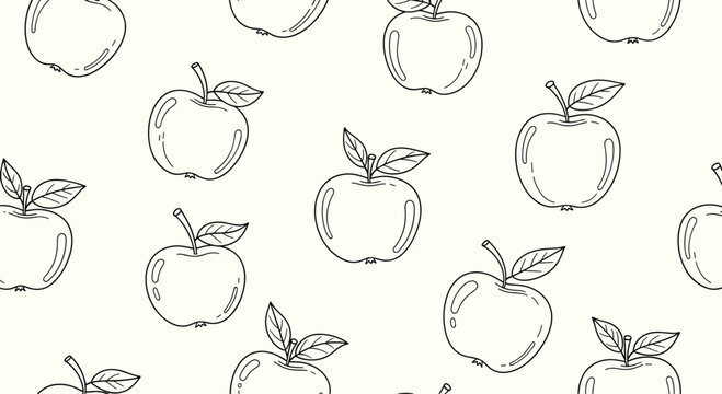 Hand-drawn seamless pattern featuring sketched apples with leaves in a black outline style on a simple light cream background.