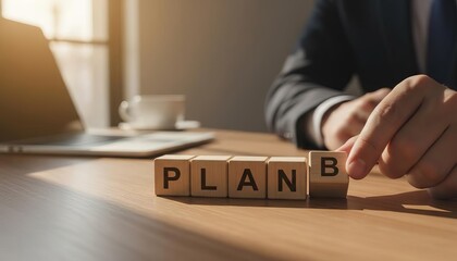Plan B strategy: Business hand arranging wooden blocks, symbolizing alternative solutions, backup plans, and contingency at work.