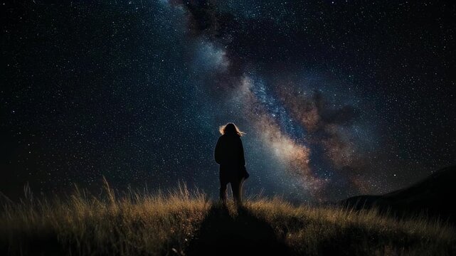 丘の上で宇宙を見上げる人物のシルエットと銀河