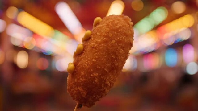 Crispy corn dog on a stick with mustard topping at a vibrant fair