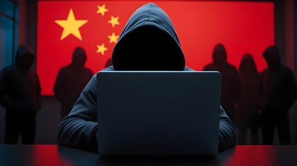 Hacker in hoodie working on laptop with Chinese flag behind
