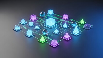 Abstract Geometric Network Connection Structure with Neon Glow