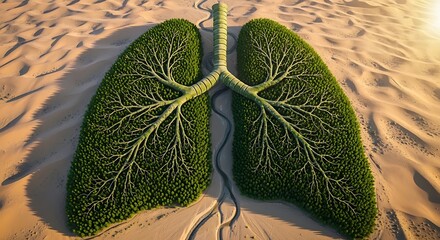 Aerial view depicts human respiratory organs formed by dense green foliage situated within a barren sandy environment