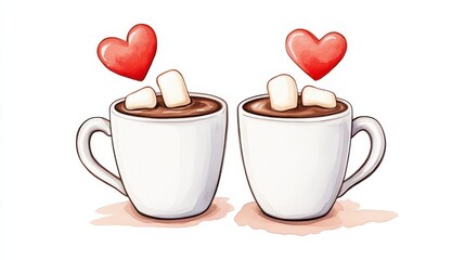 Two Cute Cups of Hot Chocolate with Hearts and Marshmallows