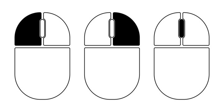 Computer mouse icons. Left-click, right-click, and mouse wheel scroll symbols. A set of icons for various PC mouse buttons. Vector illustration EPS 10
