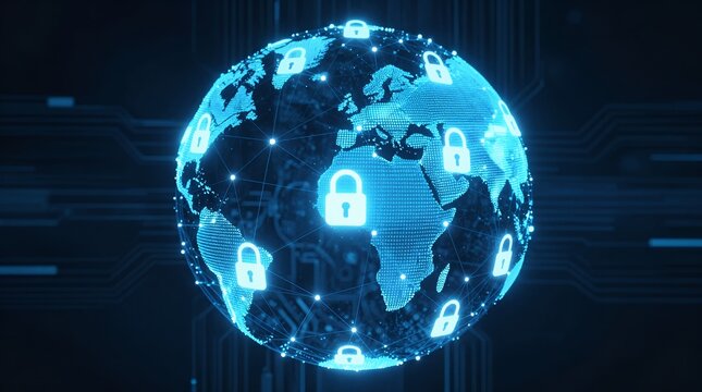 Global digital security network with encrypted connections and padlocks - Powered by Adobe