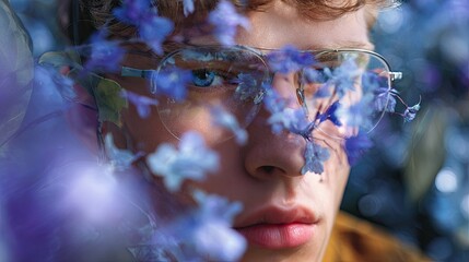 Close-up Portrait of Young Person with Glasses Surrounded by Delicate Blue Flowers in Soft Focus Environment