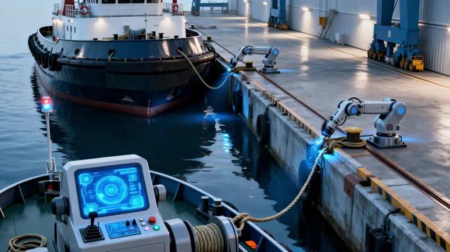 Medium shot displaying the automated systems of an autonomous tugboat coordinating ship docking procedures within a modern port environment.