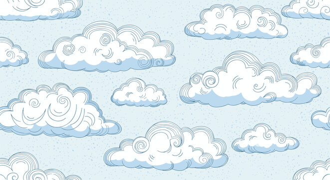 Whimsical seamless pattern of fluffy white clouds with blue outlines and swirls set against a light blue speckled background for child decor.