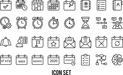 Time Management and Calendar Planning Line Icons Set Vector illustration