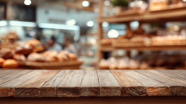 Wooden board empty table background. abstract blurred bakery shop background