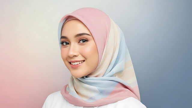 Smiling Muslim woman wearing a pastel colored hijab against a soft gradient background.