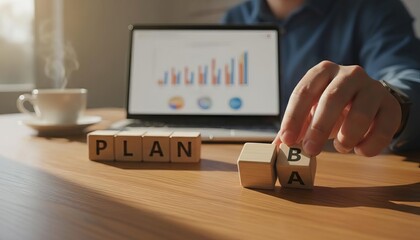 Strategic planning for business development, choosing between 'PLAN A' or 'PLAN B' options with wooden blocks on a modern office desk.
