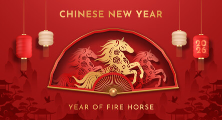 Plakat Chinese New Year 2026 Year of the Fire Horse Banner with Fan Decoration, Lanterns and Traditional Red Background. Lunar New Year Greeting Card Design