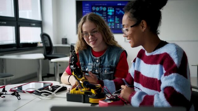 High school students working on robotics project. Girls in STEM.