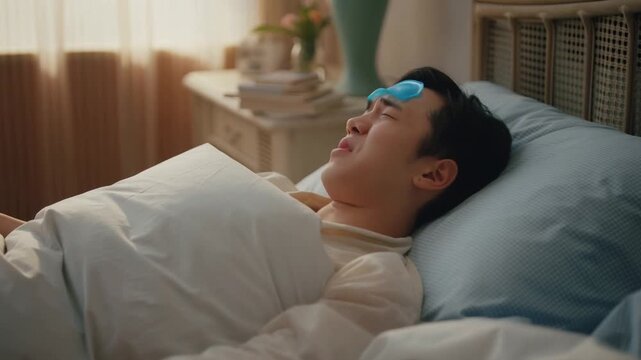 A sick man lying in bed with a cold compress on his forehead, looking uncomfortable Stock Video